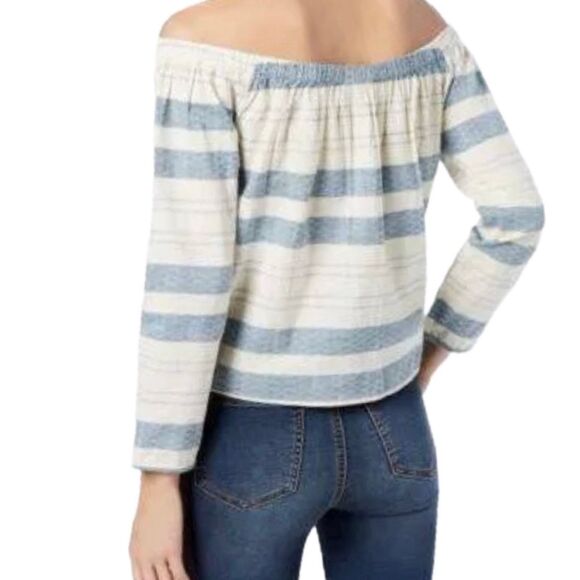 Roxy Women's 100% Cotton Striped Off Shoulder Tie Front Semi Sheer Top L - Picture 2 of 8